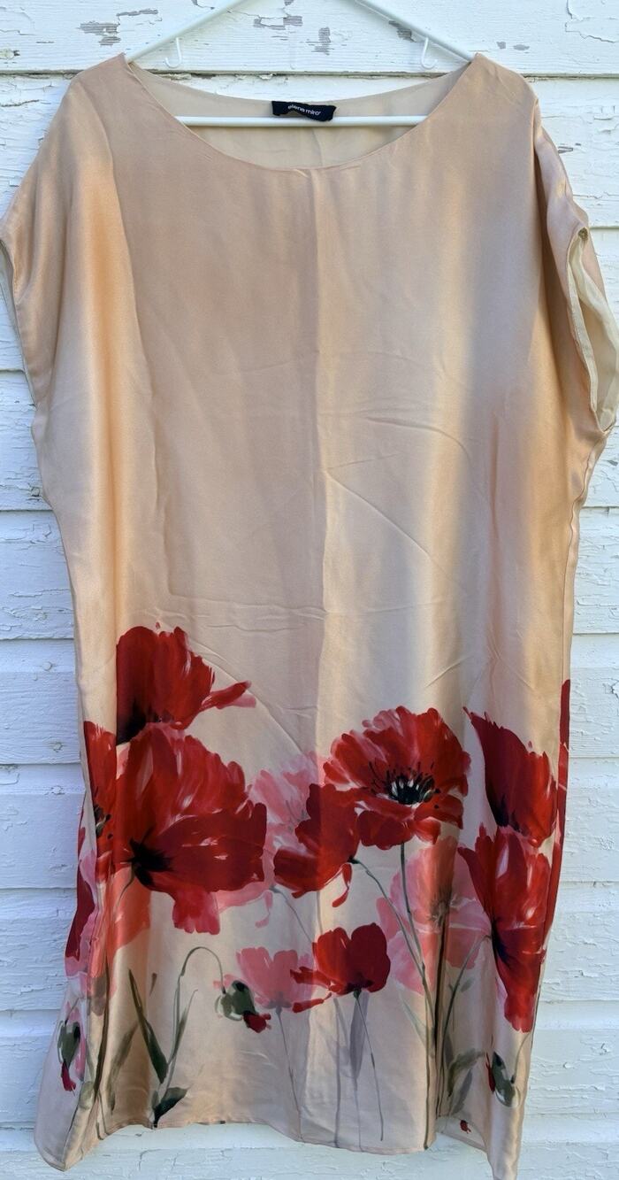 Elena Miro Shift Dress 14 Pink Floral 100% Silk Satin Italian Boatneck Midi